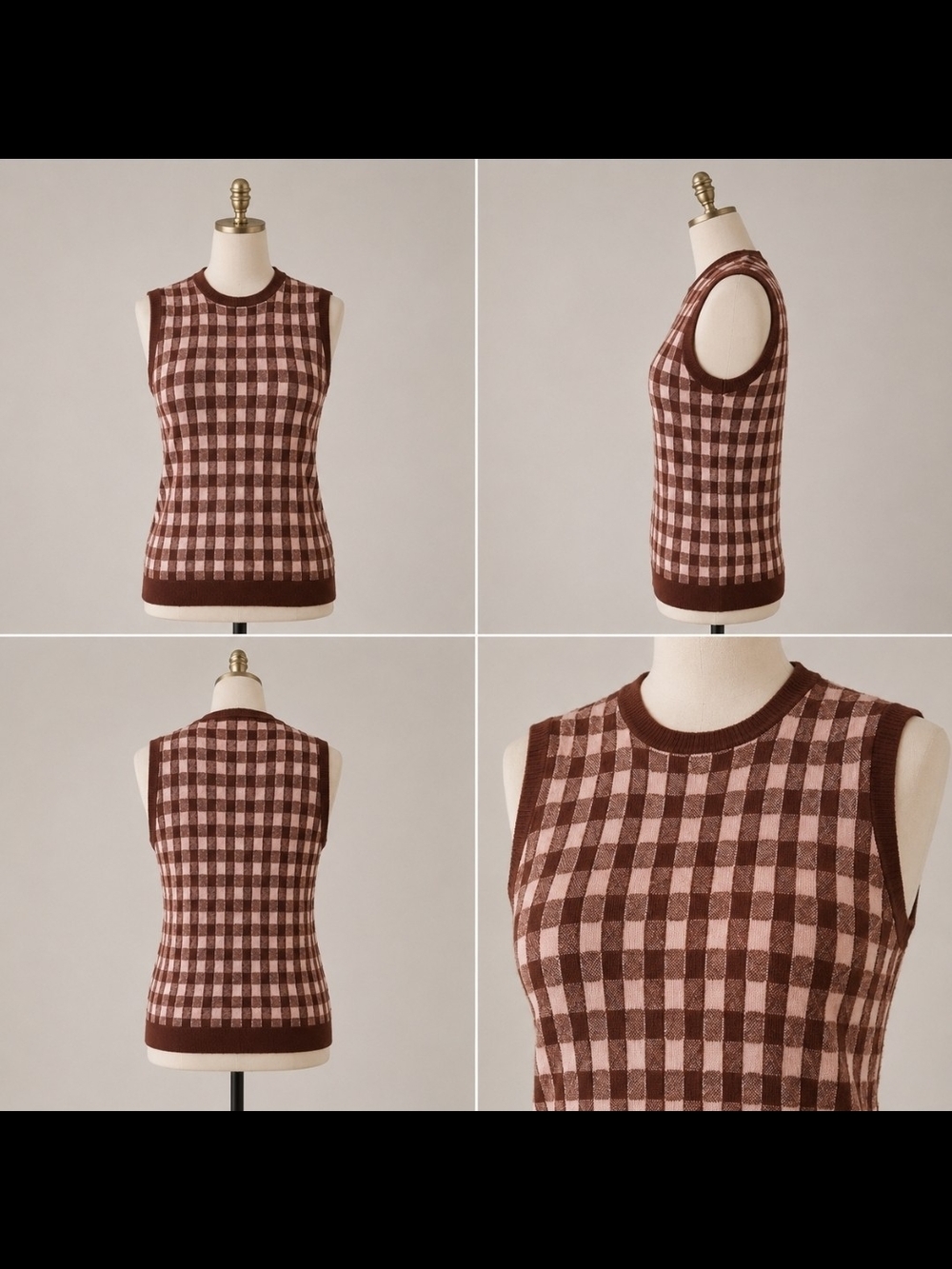 Sleeveless Checker Knit Top - Pink and Brown